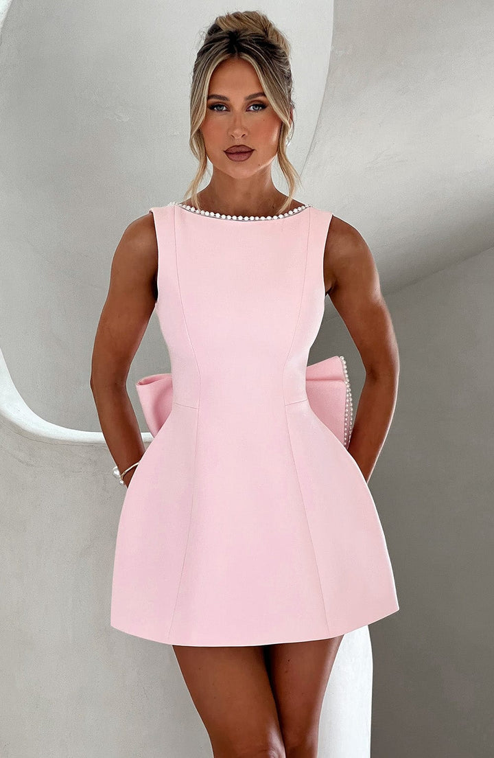 Narula | Damen Mini Kleid A-Linie Perlenkragen Schleife Festlich