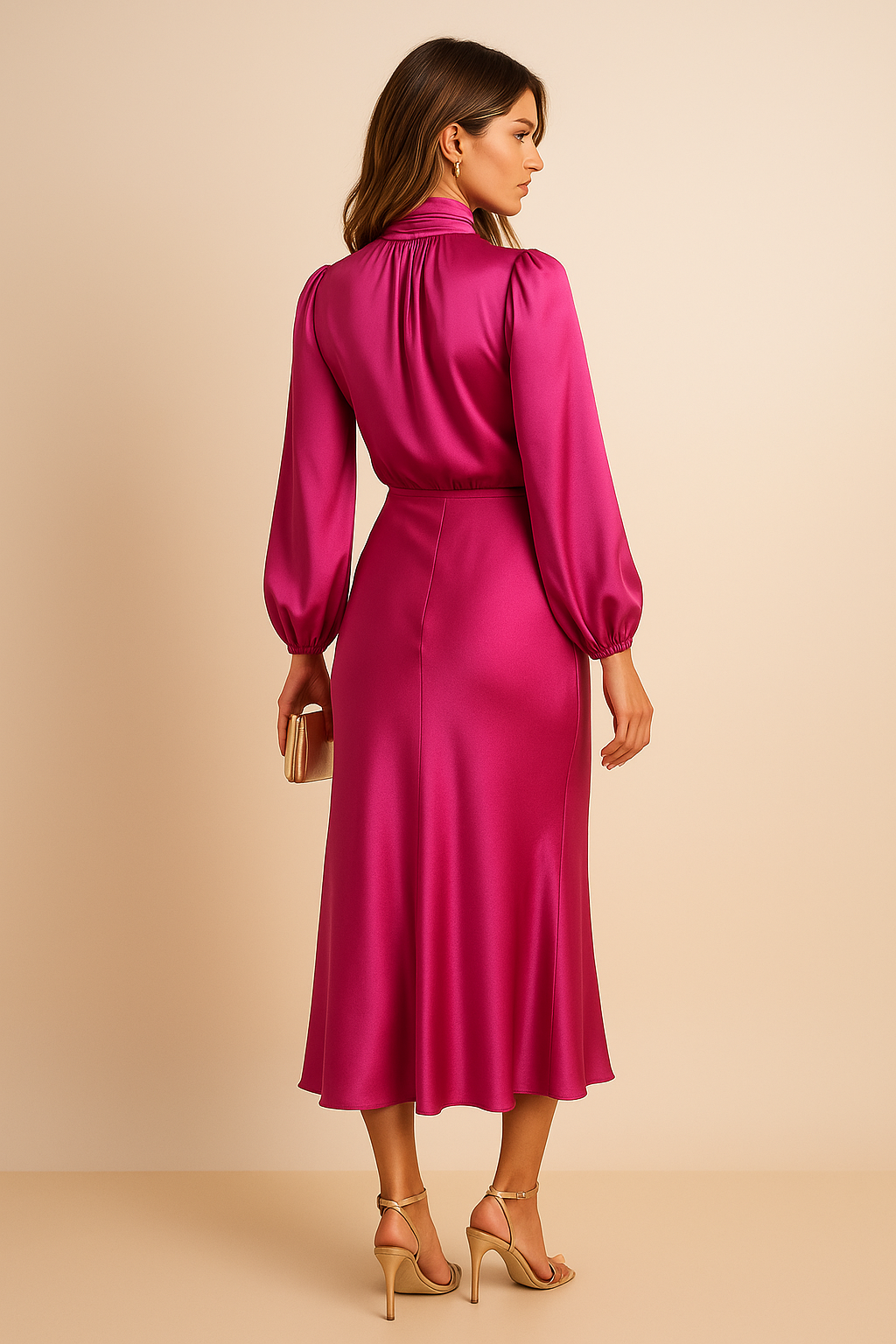 Sofia | Damen Satin Midi Kleid Stehkragen Ballonärmel Elegant