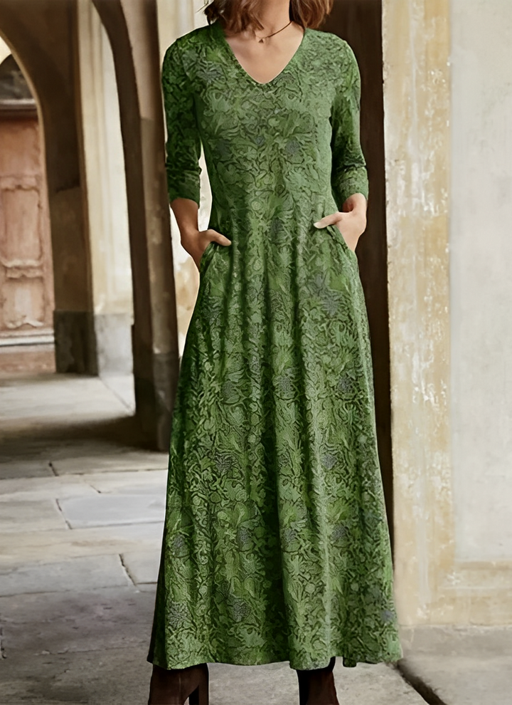 Celsa | Damen Maxikleid V-Ausschnitt Vintage Muster 3/4 Arm