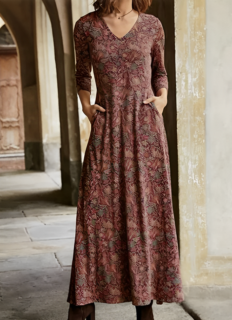 Celsa | Damen Maxikleid V-Ausschnitt Vintage Muster 3/4 Arm