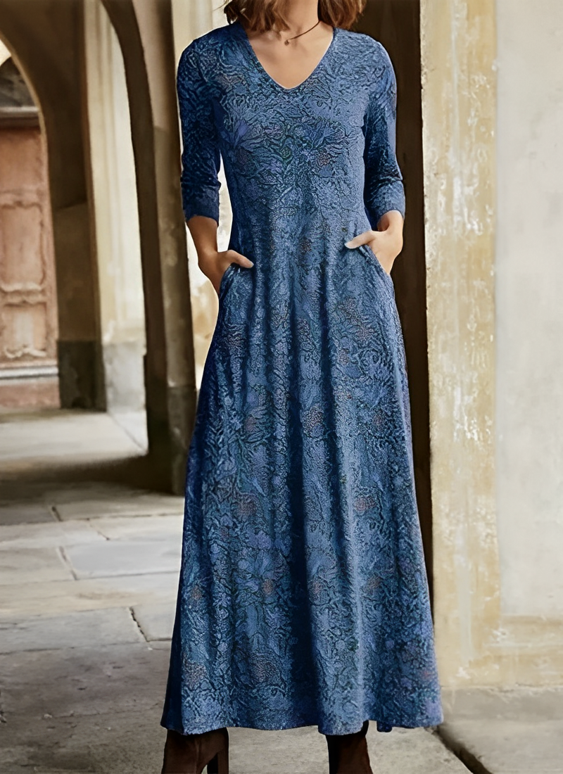 Celsa | Damen Maxikleid V-Ausschnitt Vintage Muster 3/4 Arm