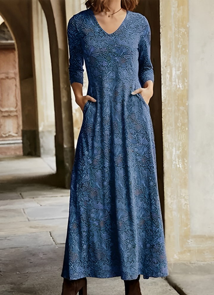 Celsa | Damen Maxikleid V-Ausschnitt Vintage Muster 3/4 Arm