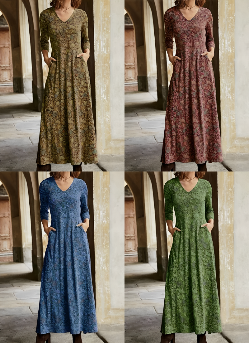 Celsa | Damen Maxikleid V-Ausschnitt Vintage Muster 3/4 Arm