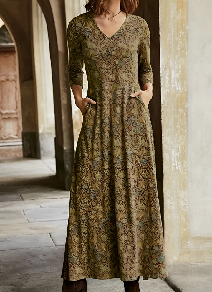 Celsa | Damen Maxikleid V-Ausschnitt Vintage Muster 3/4 Arm