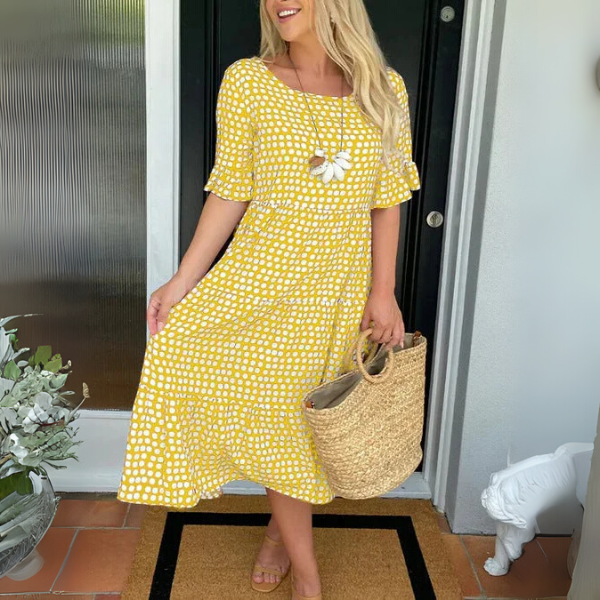 Luna | Damen Midi Kleid Kurzarm Gepunktet Stufenkleid Sommerkleid