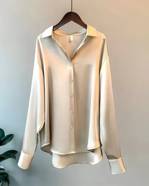 Shanie | Damen Satinbluse Button-Down Hemdkragen Langarm