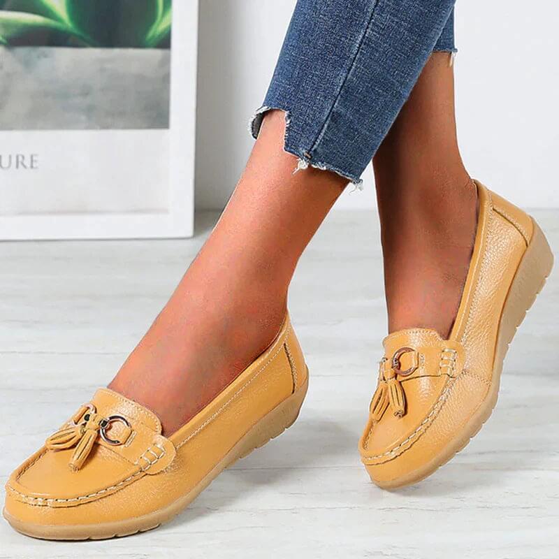 Bella | Damen Leder Loafer Flach Komfort Quaste Slipper