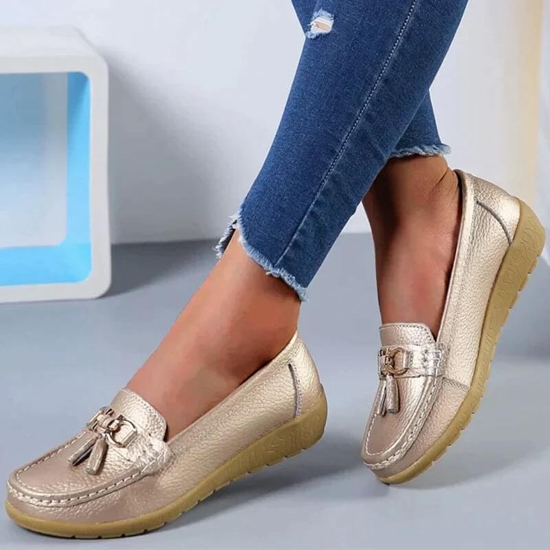 Bella | Damen Leder Loafer Flach Komfort Quaste Slipper