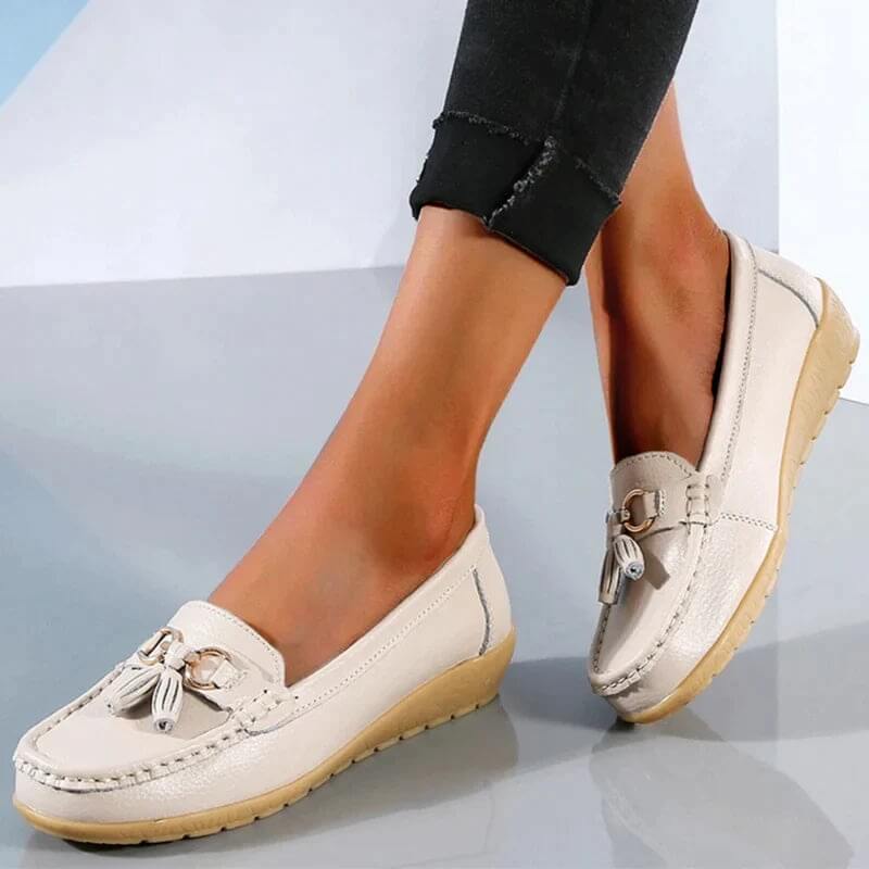 Bella | Damen Leder Loafer Flach Komfort Quaste Slipper