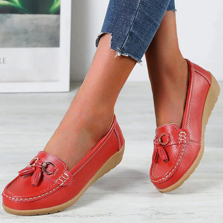 Bella | Damen Leder Loafer Flach Komfort Quaste Slipper