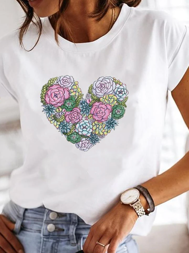 Leonora | Damen Herz Print T-Shirt Rundhals Kurzarm