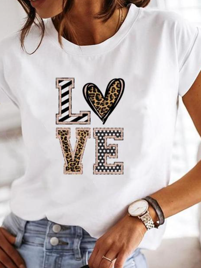Leonora | Damen Herz Print T-Shirt Rundhals Kurzarm