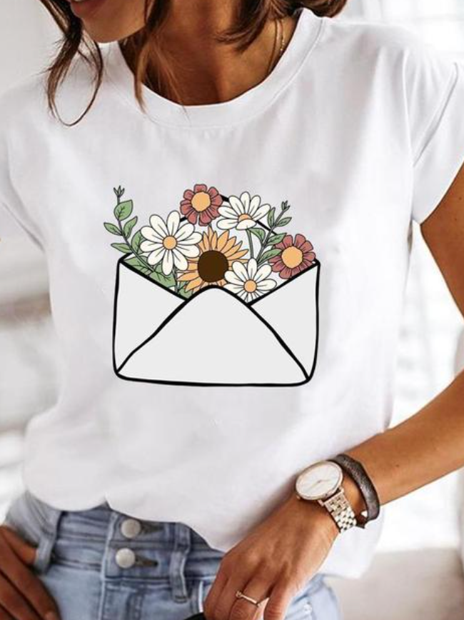Leonora | Damen Herz Print T-Shirt Rundhals Kurzarm