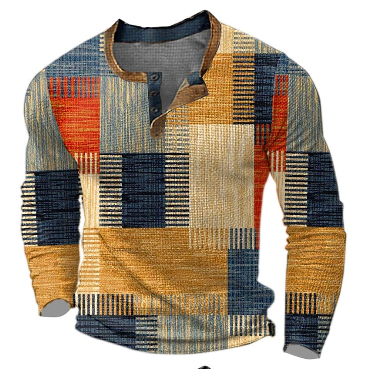 Ruud | Herren Henley Langarmshirt Colorblock Karo Print
