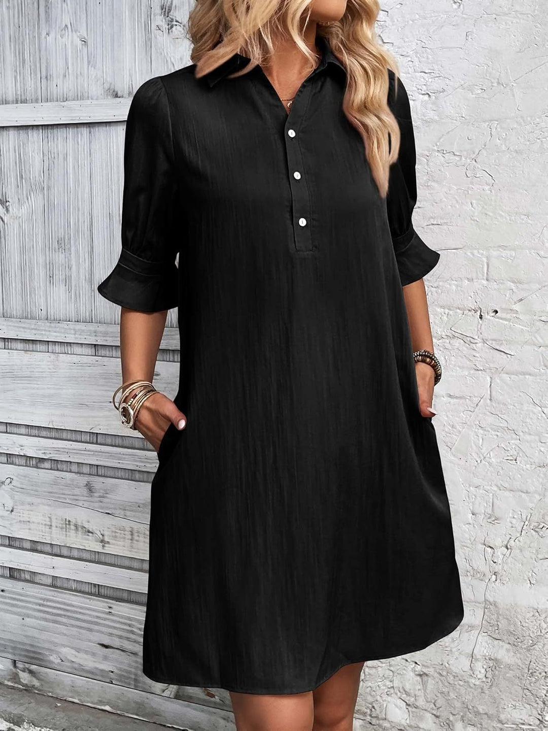 Kate | Damen Hemdkleid Schwarz 3/4 Arm Knopfleiste Midi