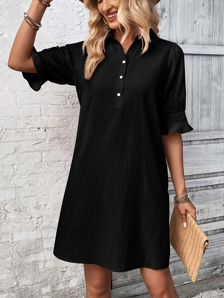 Kate | Damen Hemdkleid Schwarz 3/4 Arm Knopfleiste Midi
