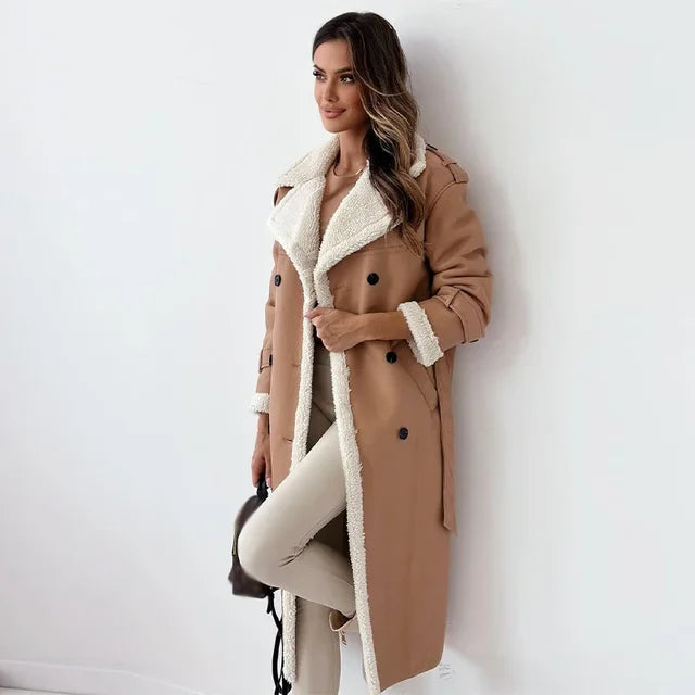 Solveike | Damen Langer Wintermantel mit Fleece-Futter - Taupe - Image 7