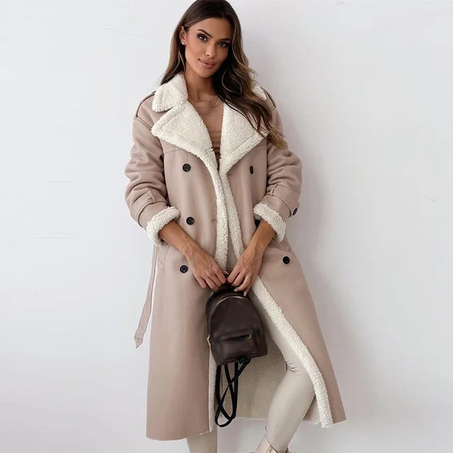Solveike | Damen Langer Wintermantel mit Fleece-Futter - Taupe - Image 8
