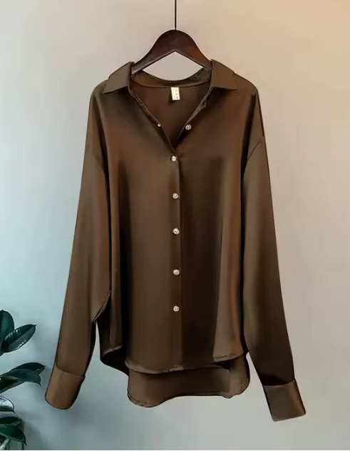 Shanie | Damen Satinbluse Button-Down Hemdkragen Langarm