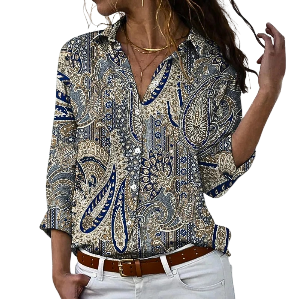 Noor | Damen Bluse Paisley Print Langarm Kragen Knopfleiste