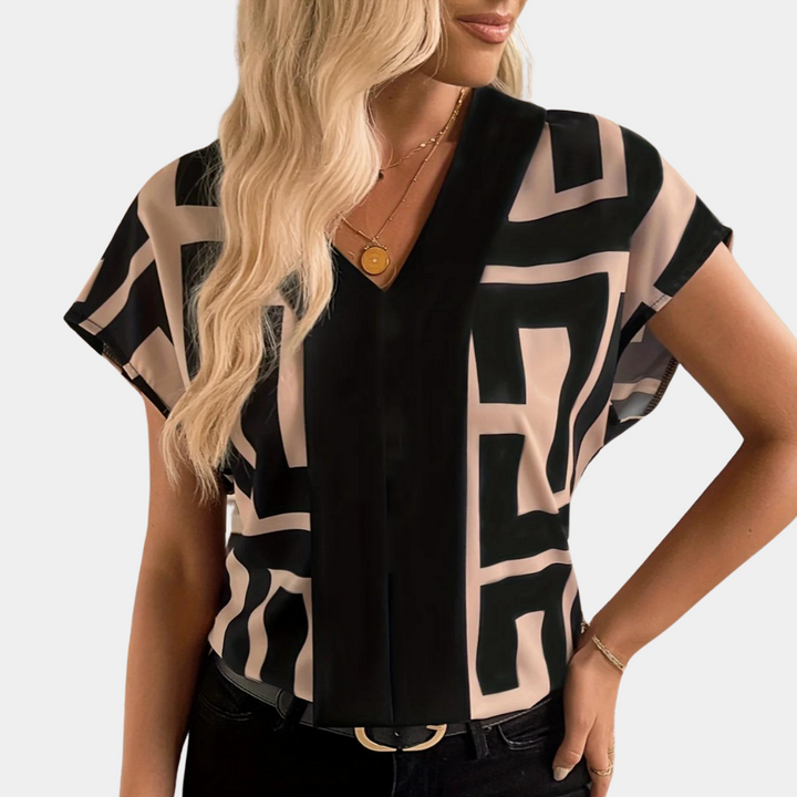 Nadia | Damen Bluse Kurzarm Geometrischer Druck V-Ausschnitt