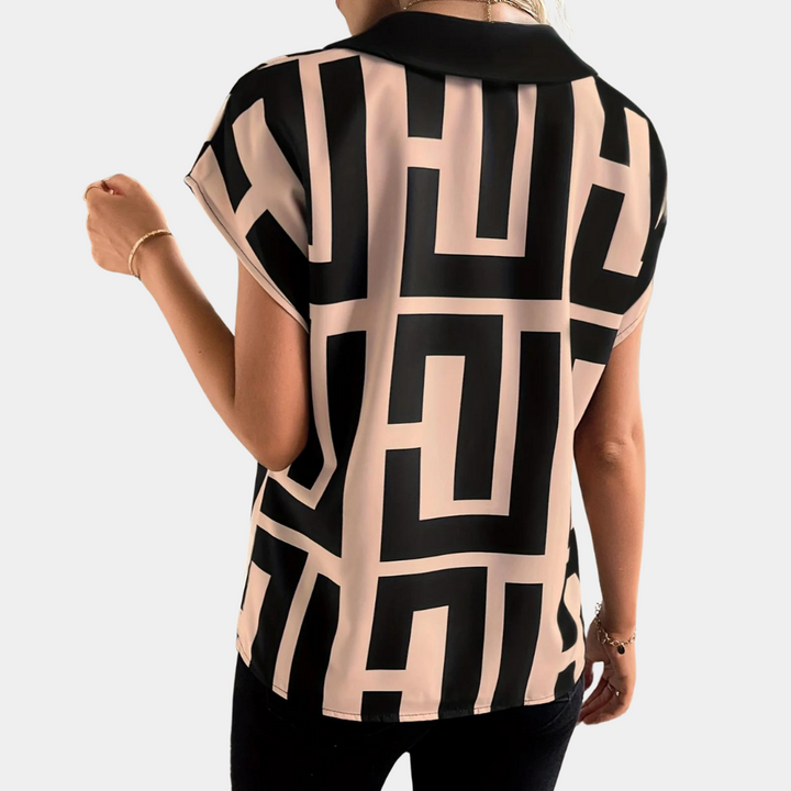 Nadia | Damen Bluse Kurzarm Geometrischer Druck V-Ausschnitt