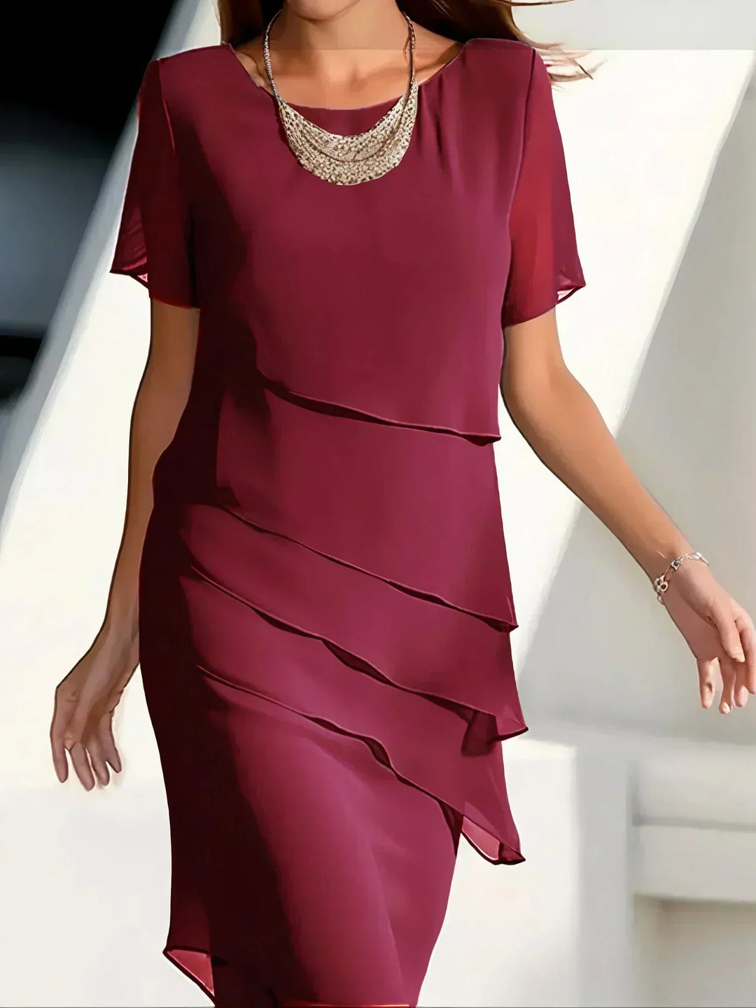 Grace | Damen Elegantes Kleid Kurzarm Chiffon Lagen-Look