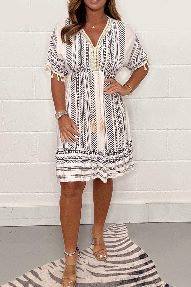 Maya | Damen Boho Kleid V-Ausschnitt Ethno Muster Sommerkleid