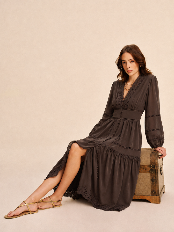 Sienna | Damen Boho Maxikleid Chiffon, V-Ausschnitt Langarm mit Spitze