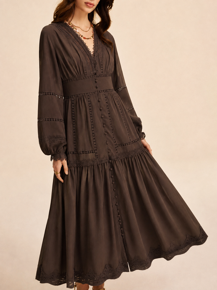 Sienna | Damen Boho Maxikleid Chiffon, V-Ausschnitt Langarm mit Spitze