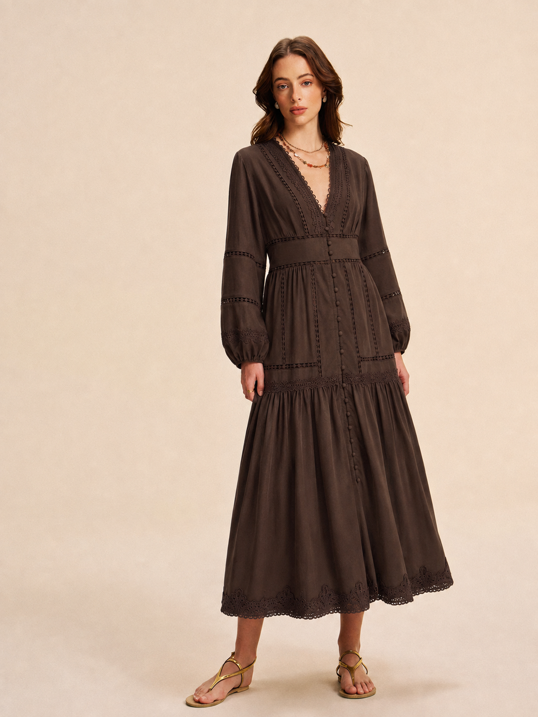 Sienna | Damen Boho Maxikleid Chiffon, V-Ausschnitt Langarm mit Spitze