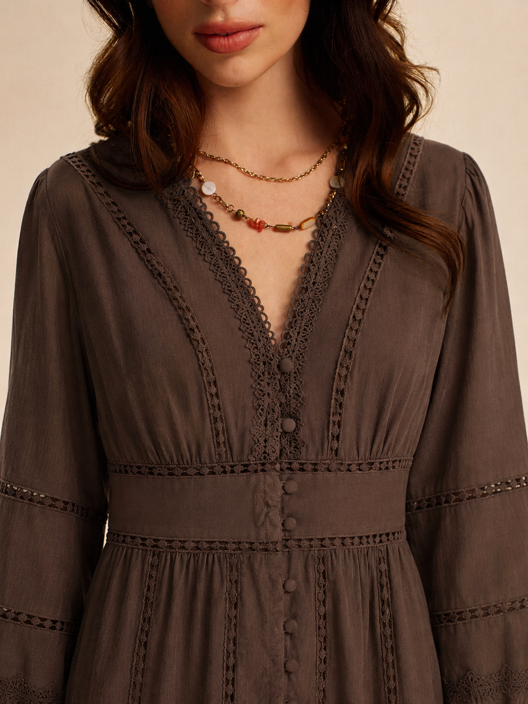 Sienna | Damen Boho Maxikleid Chiffon, V-Ausschnitt Langarm mit Spitze