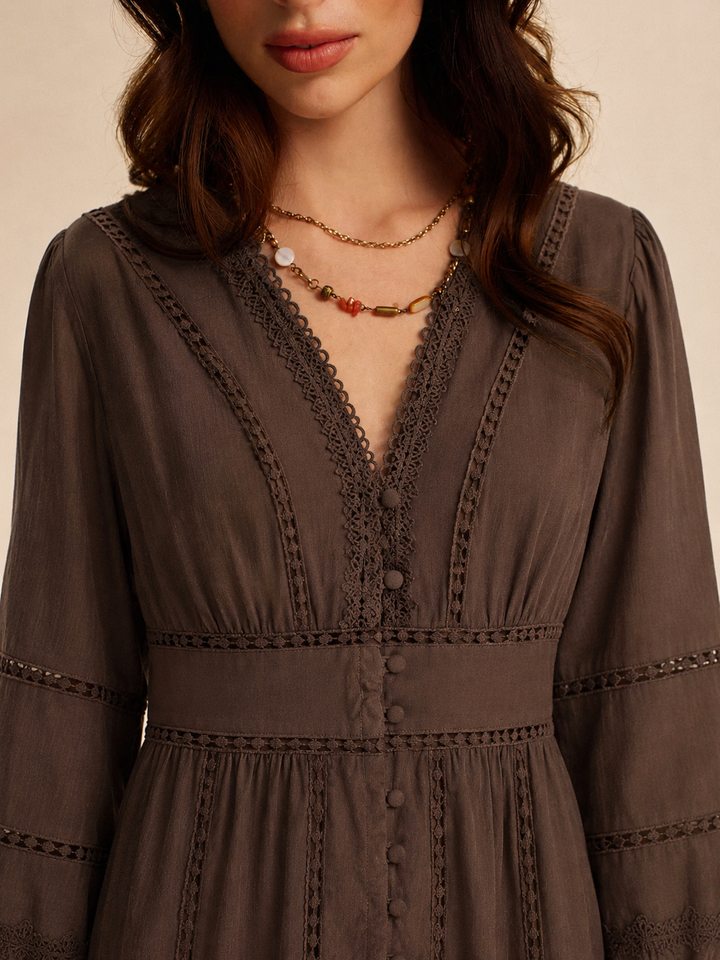 Sienna | Damen Boho Maxikleid Chiffon, V-Ausschnitt Langarm mit Spitze