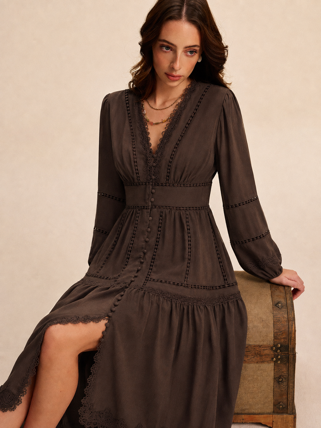 Sienna | Damen Boho Maxikleid Chiffon, V-Ausschnitt Langarm mit Spitze