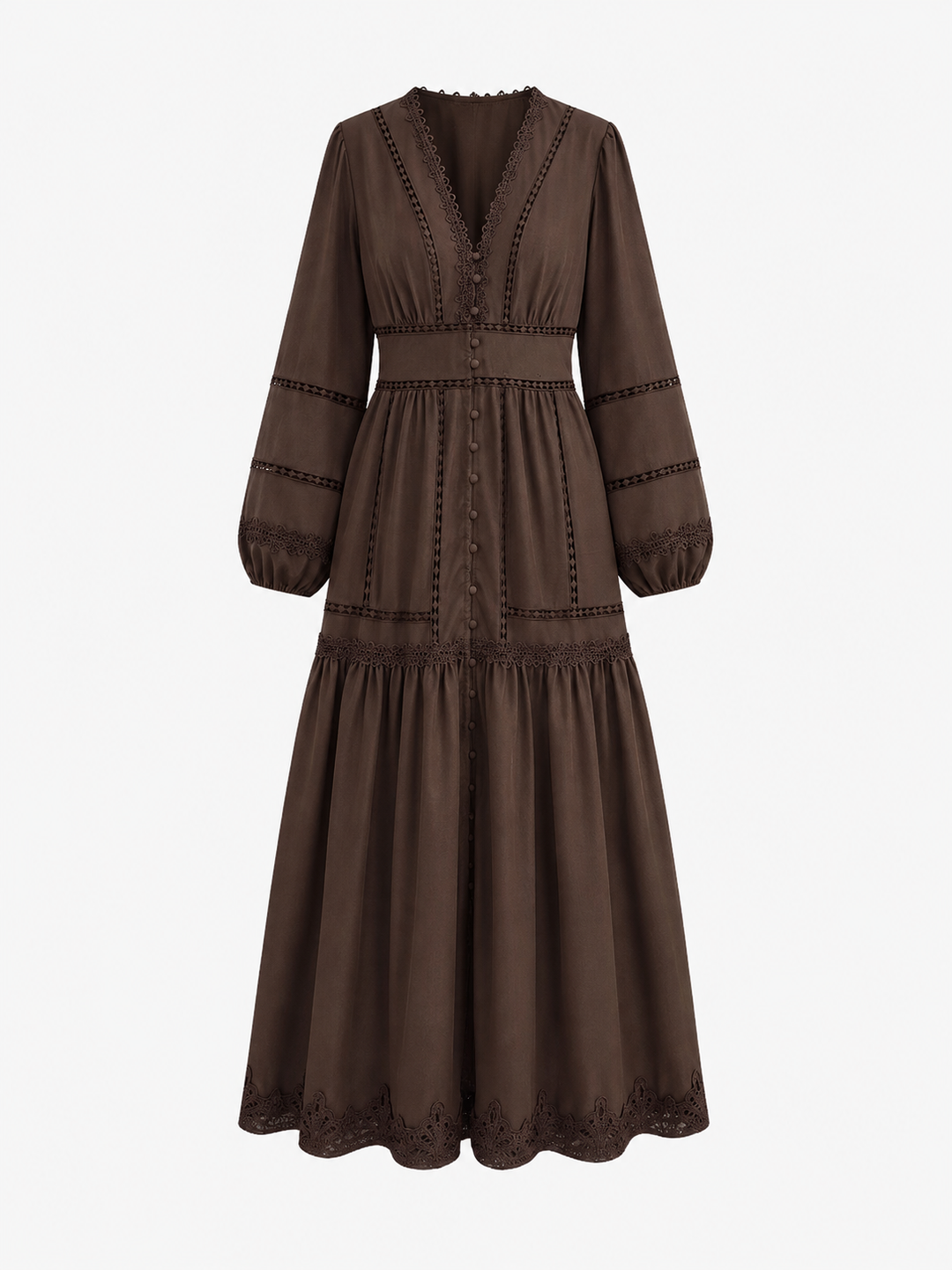 Sienna | Damen Boho Maxikleid Chiffon, V-Ausschnitt Langarm mit Spitze