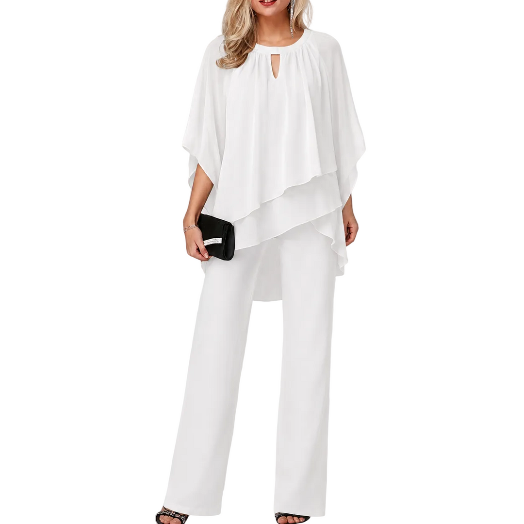 Sophia | Damen Chiffon Hosenanzug festlich, Fledermausärmel elegant