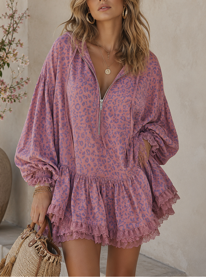 Minerva | Damen Leopardenmuster Mini Kleid mit Kapuze