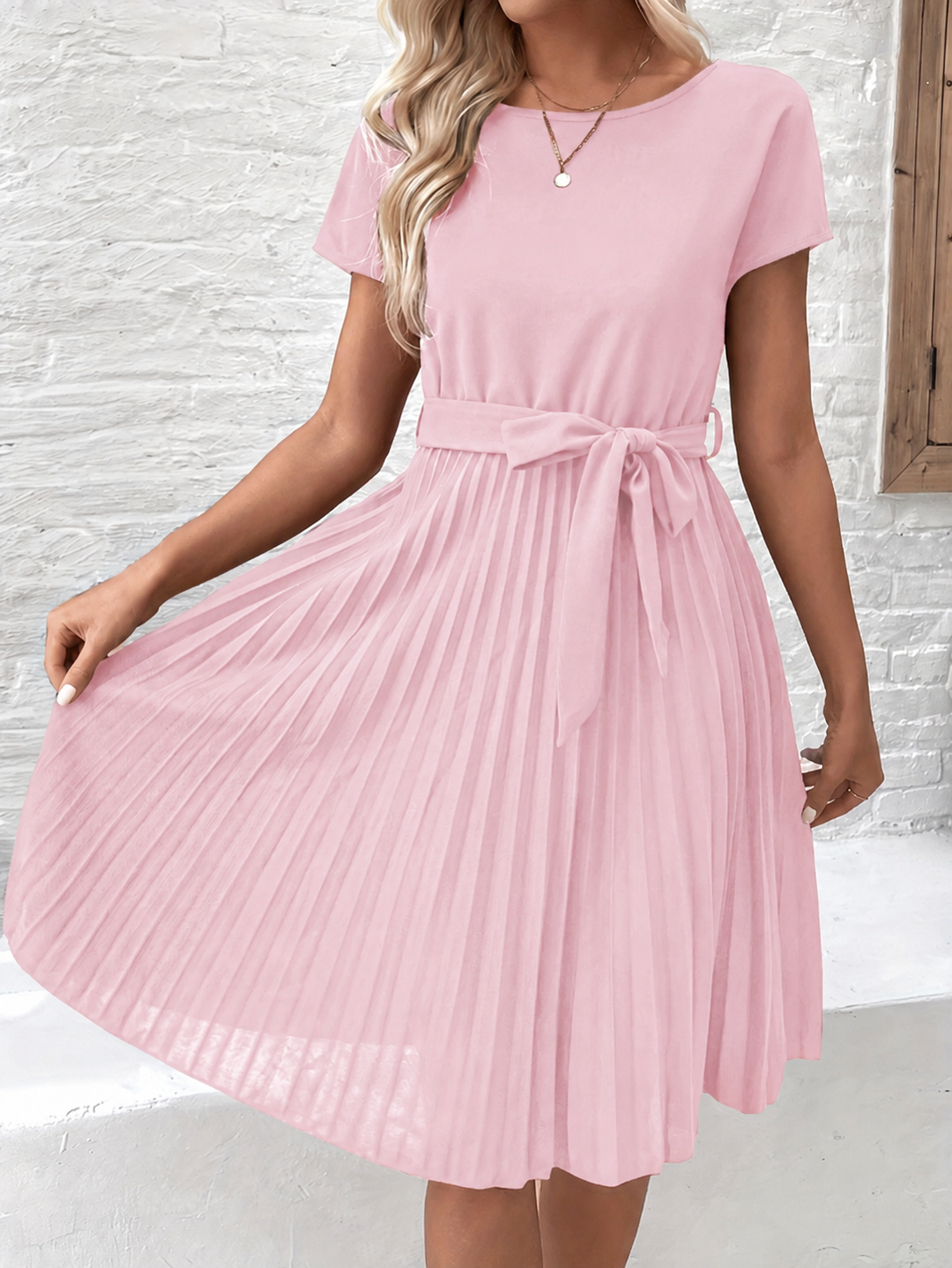 Elise | Damen Plissee Kleid Kurzarm Bindegürtel Midi