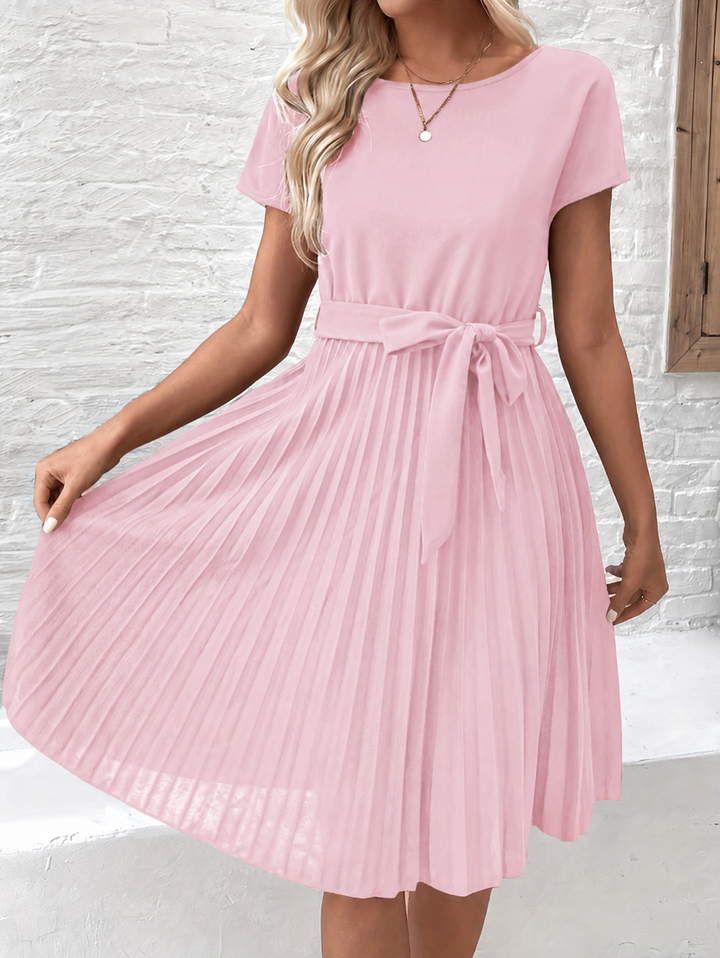 Elise | Damen Plissee Kleid Kurzarm Bindegürtel Midi