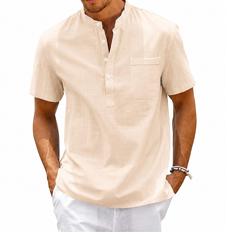 Theo | Herren hemd Kurzarm Henley, Stehkragen Brusttasche