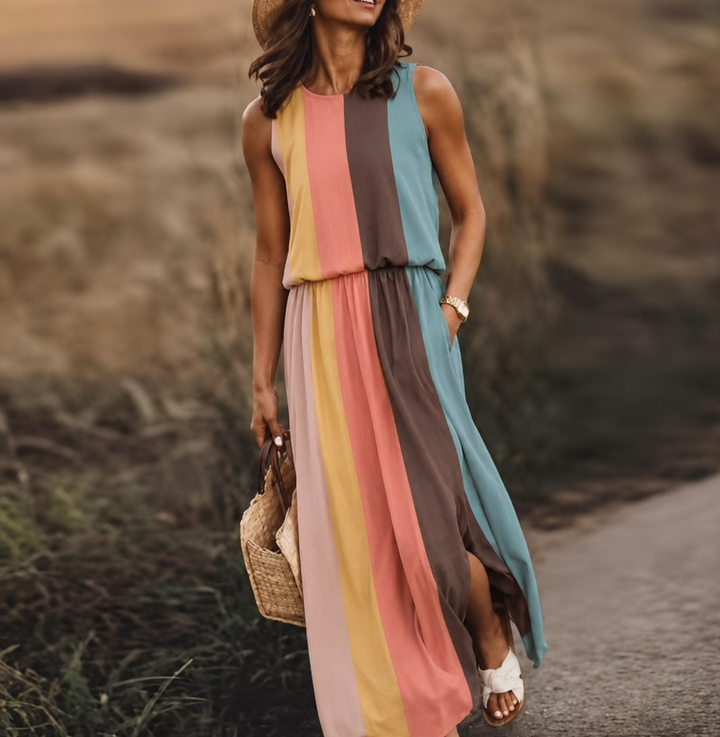 Nina | Damen Maxikleid Ärmellos Rundhals Muster Sommer