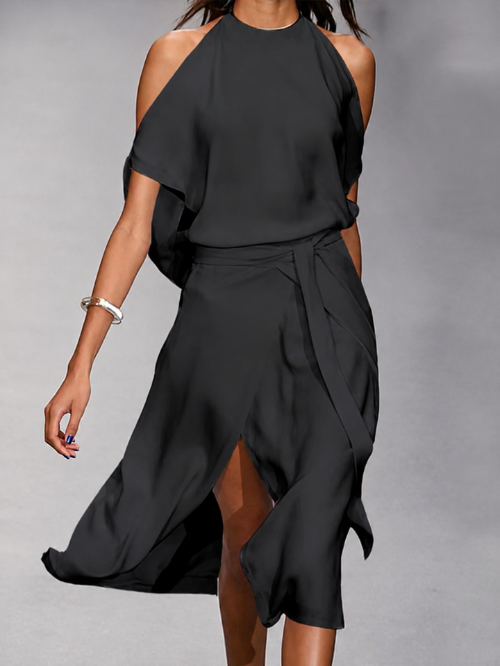 Keda | Damen Cold-Schulter Midikleid Bindegürtel Asymmetrisch
