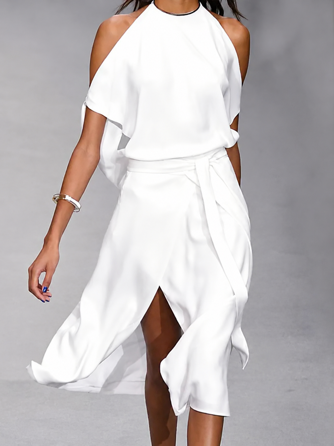 Keda | Damen Cold-Schulter Midikleid Bindegürtel Asymmetrisch