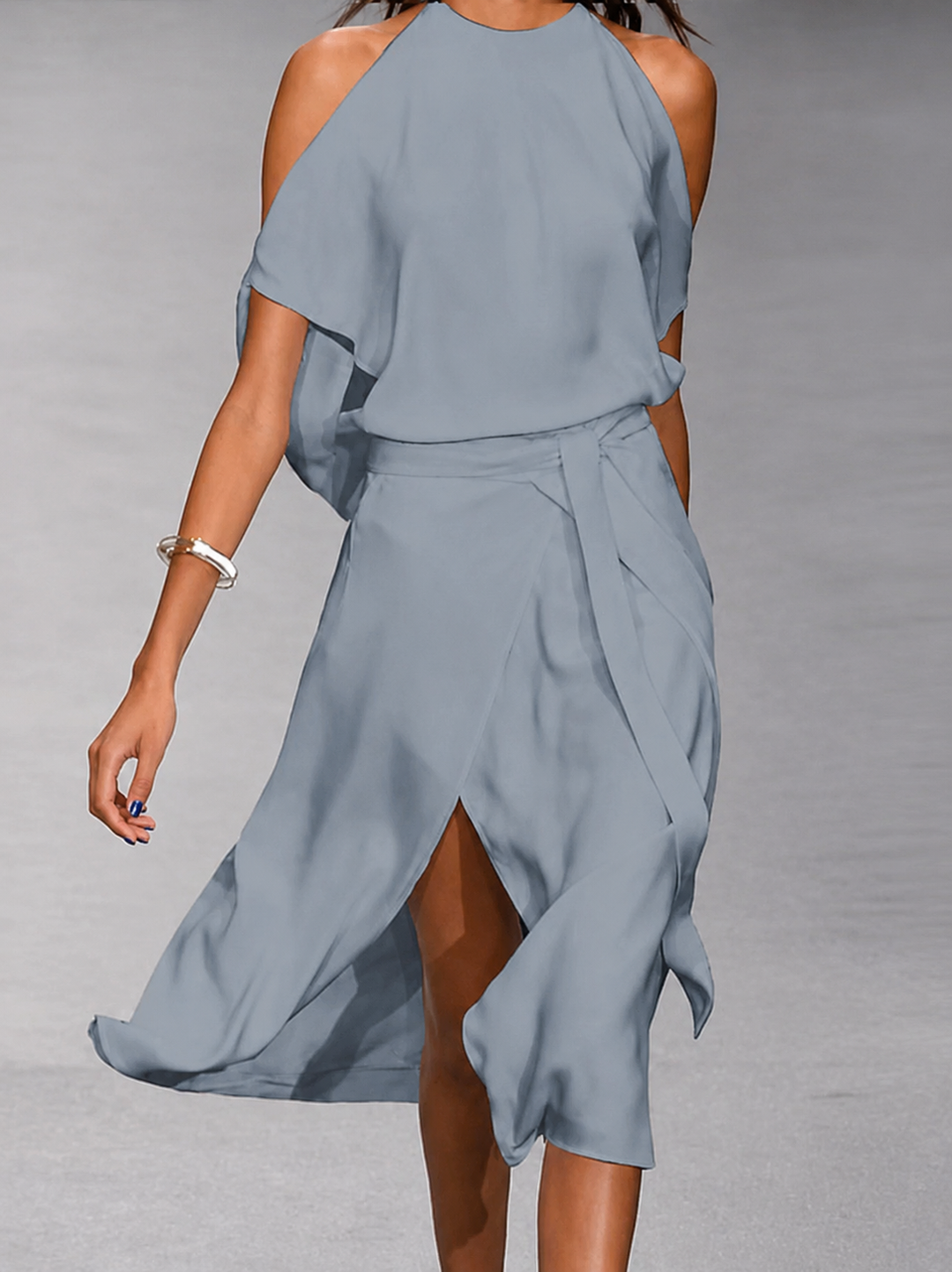 Keda | Damen Cold-Schulter Midikleid Bindegürtel Asymmetrisch