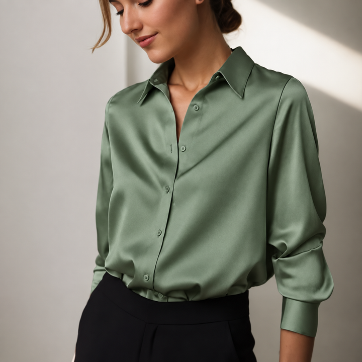 Shanie | Damen Satinbluse Button-Down Hemdkragen Langarm