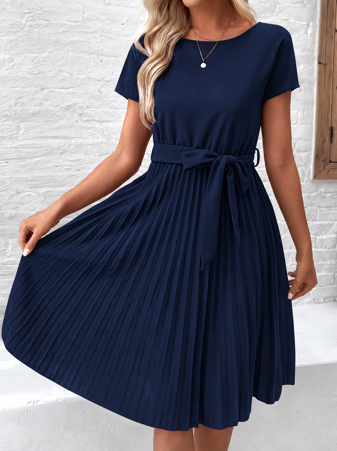 Elise | Damen Plissee Kleid Kurzarm Bindegürtel Midi
