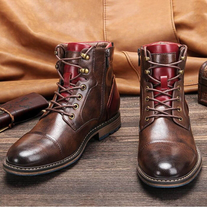 Rex | Herren Oxford Stiefelette Schnürung Leder Rot-Kontrast