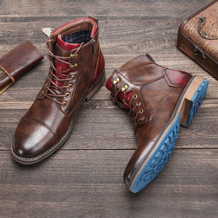 Rex | Herren Oxford Stiefelette Schnürung Leder Rot-Kontrast