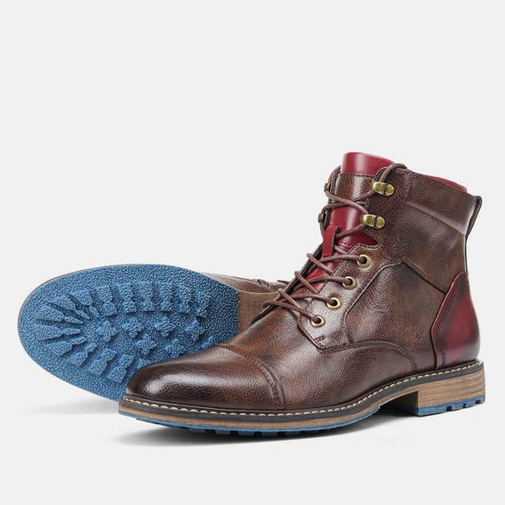 Rex | Herren Oxford Stiefelette Schnürung Leder Rot-Kontrast