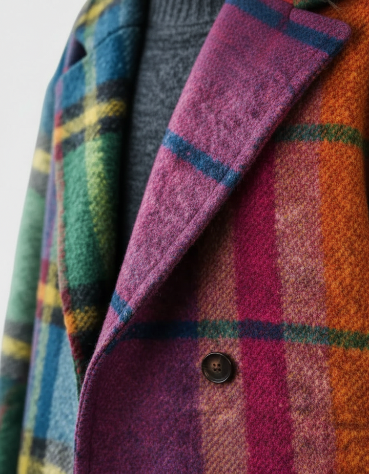 Damen Karomantel in Multicolor – Detailansicht von Kragen, Stoffstruktur und Knopf